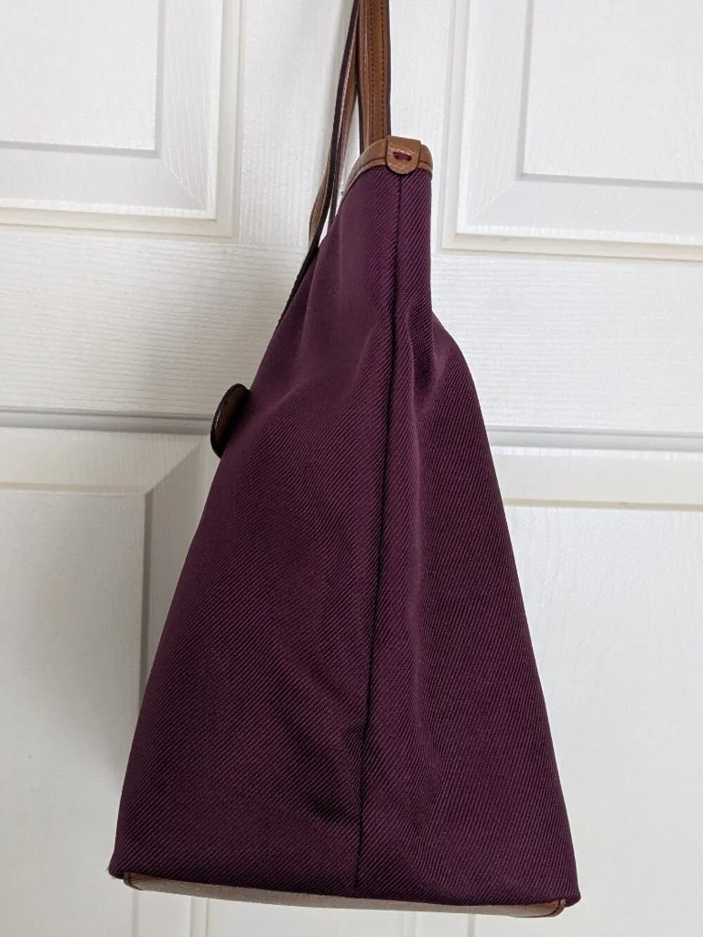 Coach Sawyer Plum Canvas & Leather Tote Bag Gold Hardware Charm Purple .